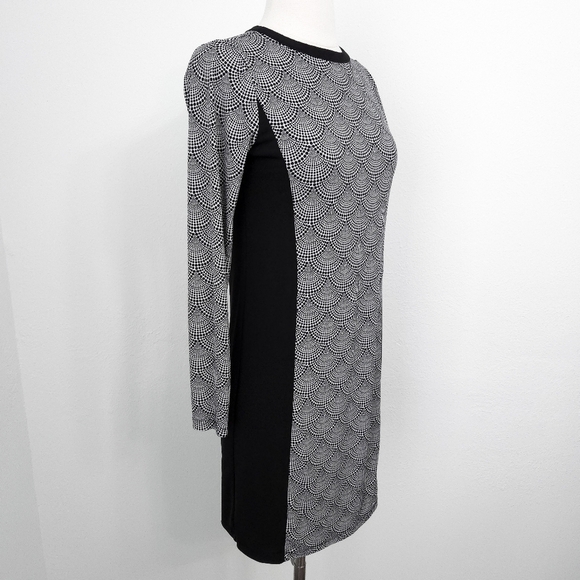 Michael Kors Black & White Dot Fan Colorblock Long-Sleeve Sheath Dress - Picture 3 of 5